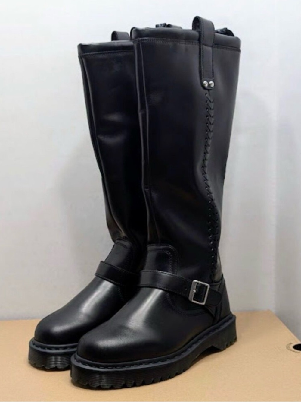 Dr. Martens Anistone Knee High Black Orleans Leather Biker Boots USA 10W/9M